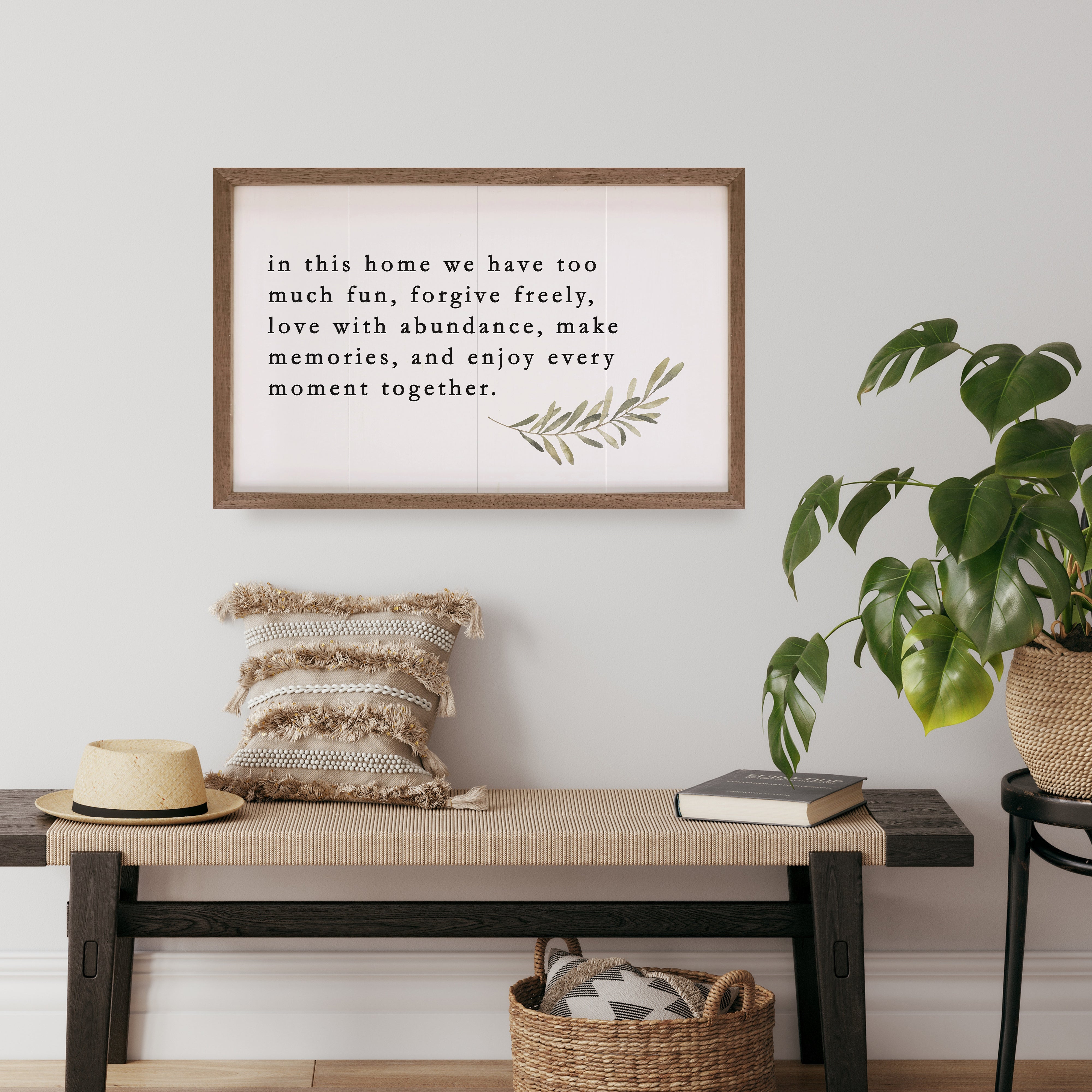 In This Home We Have Too Much Fun Greenery White 16x10 / White