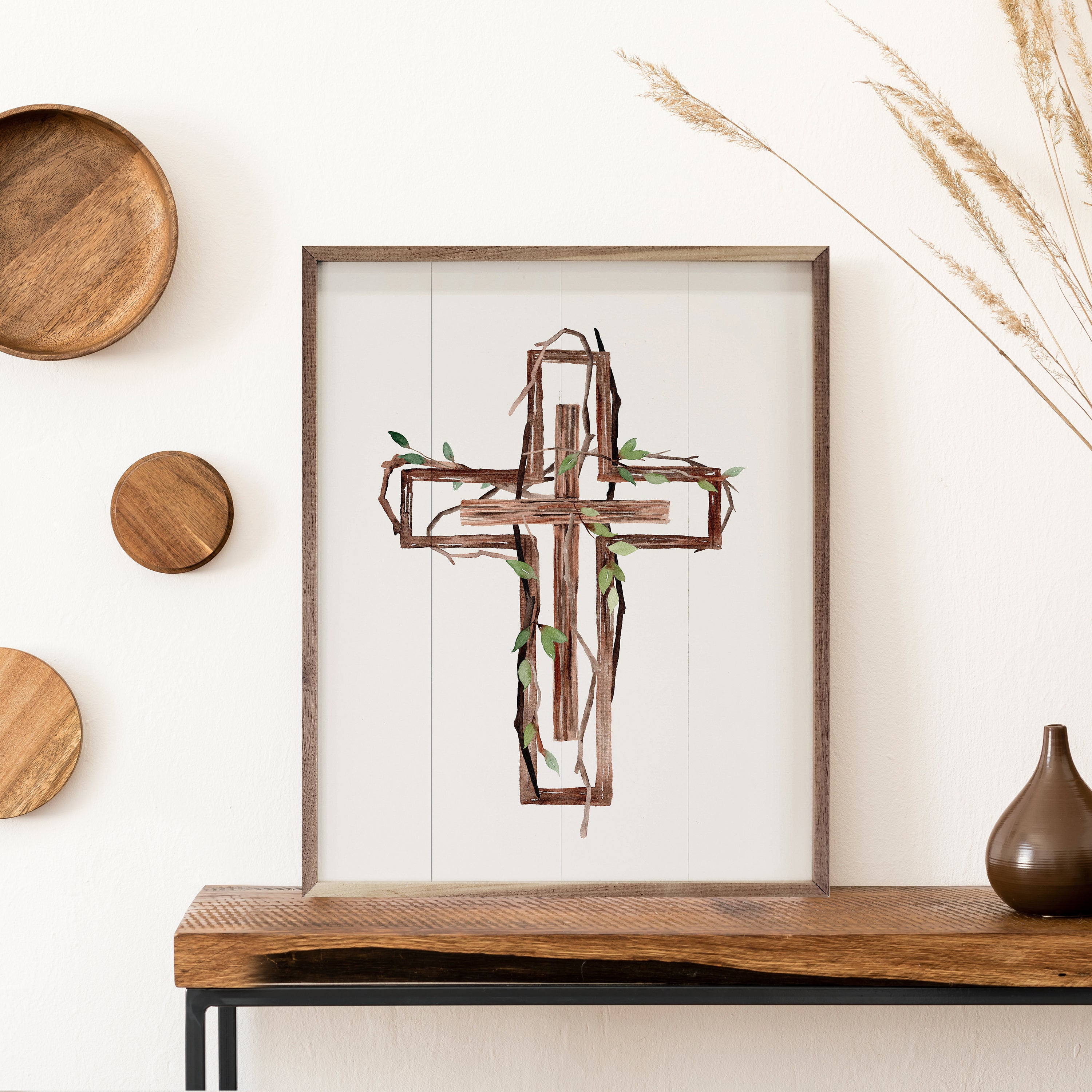 Wooden Cross Border With Greenery Vine 16x20 / White