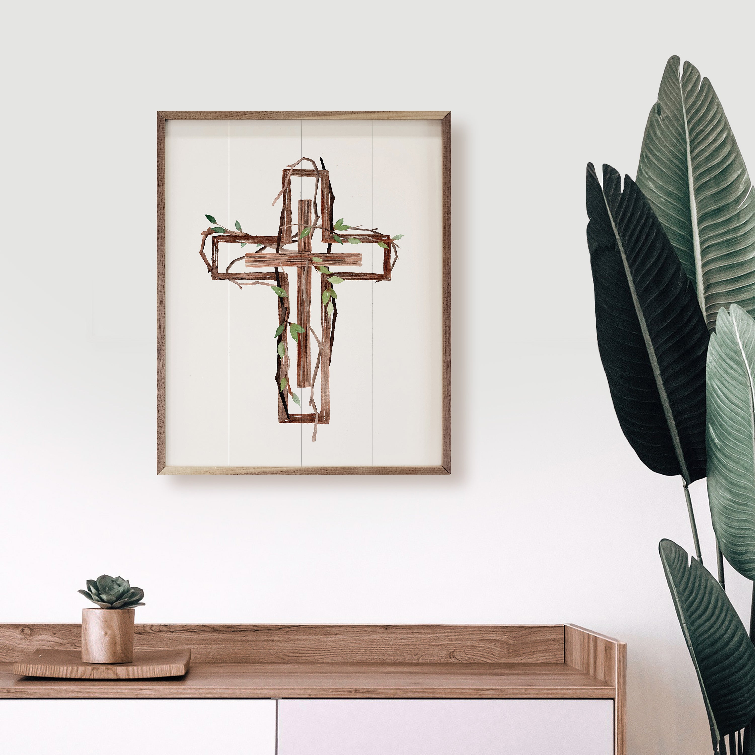 Wooden Cross Border With Greenery Vine 16x20 / White