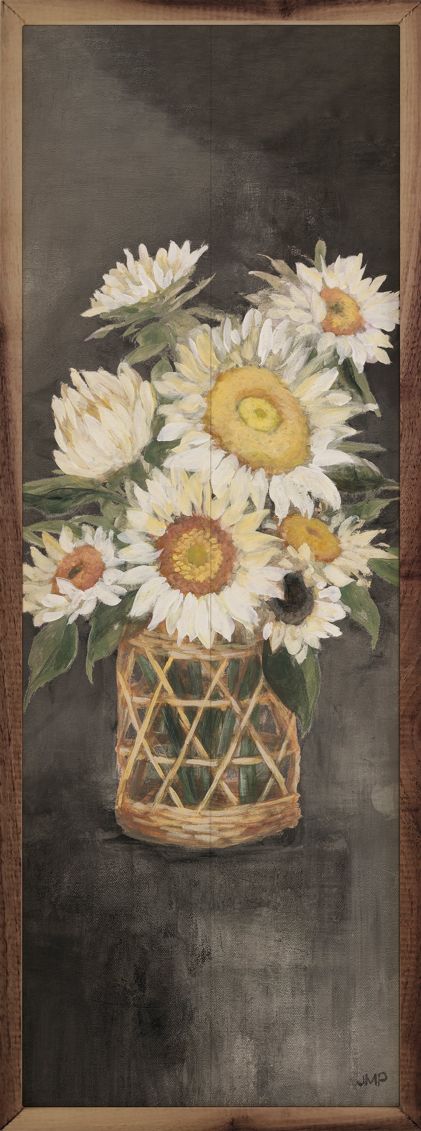 Sunflowers In Rattan Black Panel By Julia Purinton 8x24 / Multi-Color
