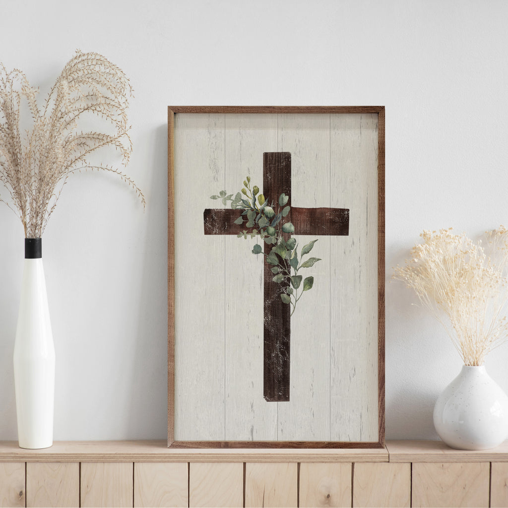 Cross With Greenery Whitewash 10x16 / Whitewash