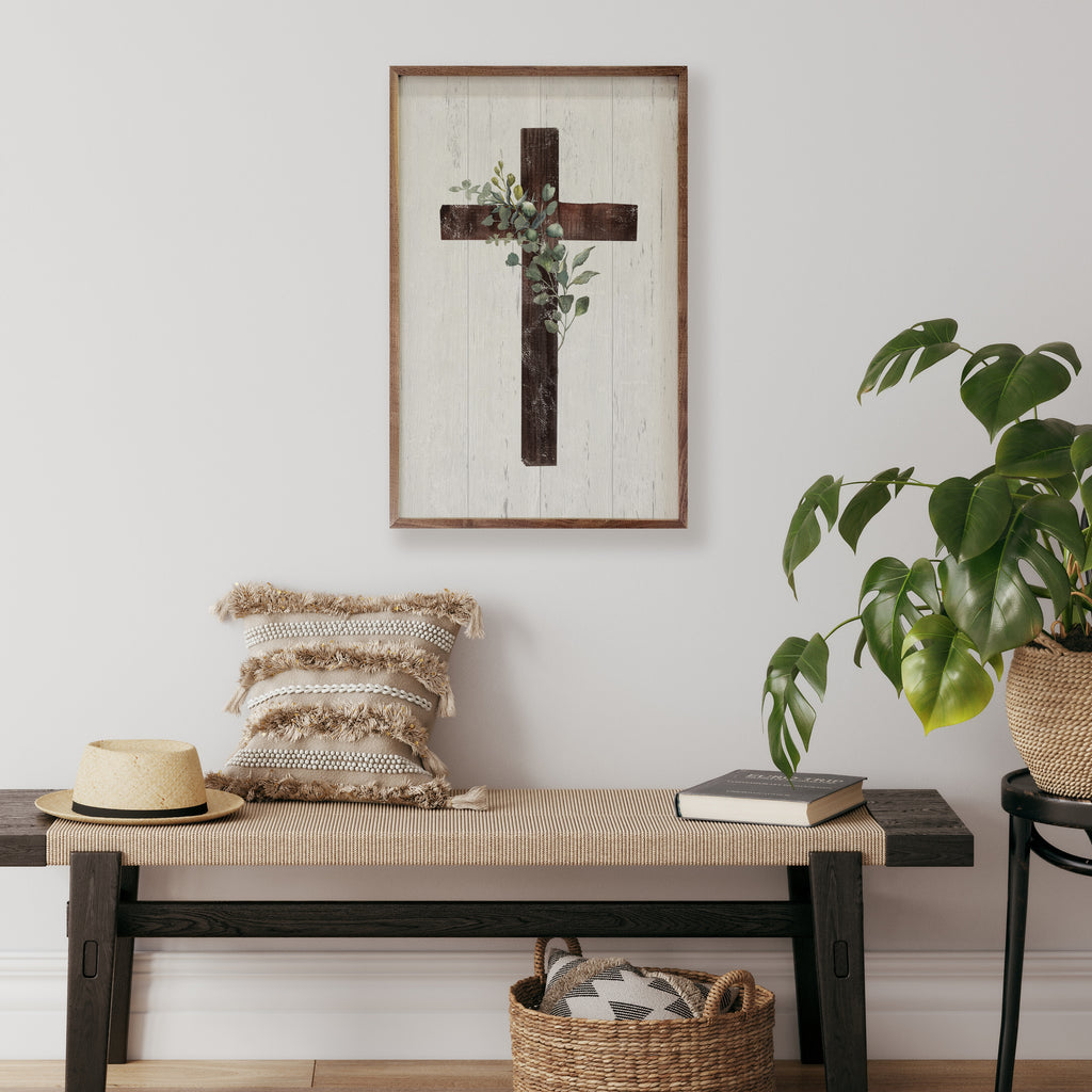Cross With Greenery Whitewash 10x16 / Whitewash
