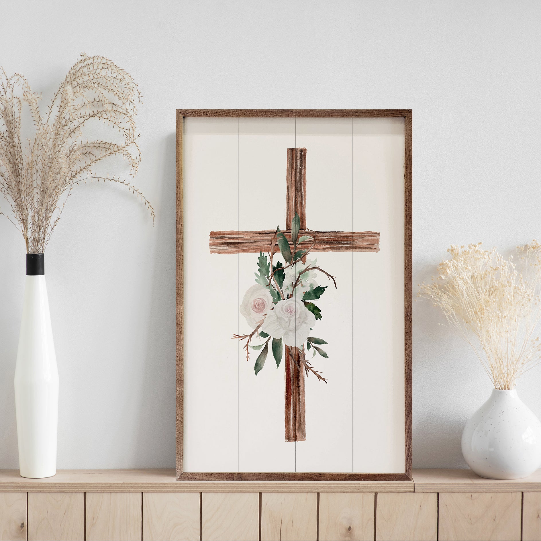 Wooden Cross With Roses 10x16 / White