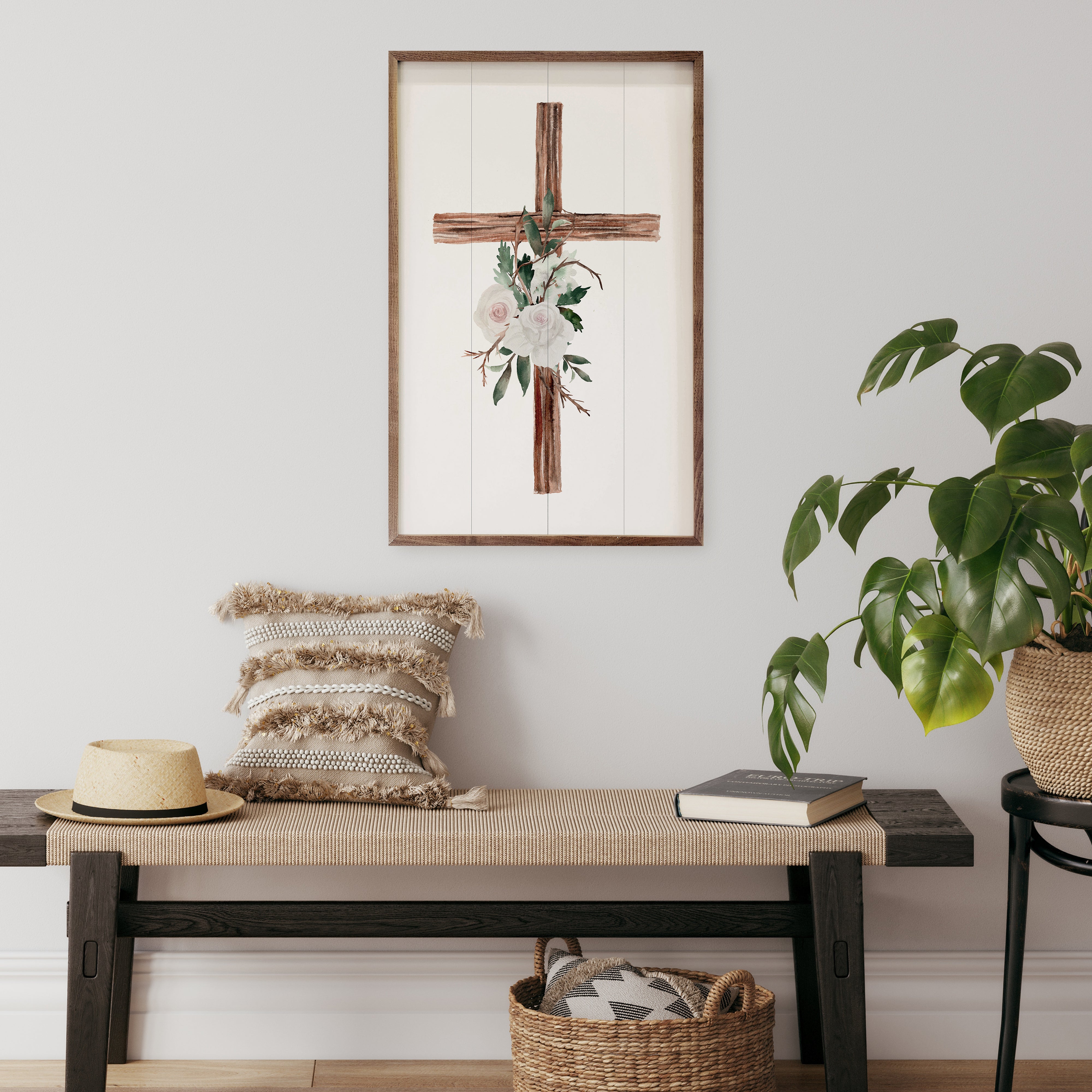 Wooden Cross With Roses 10x16 / White