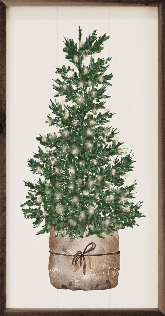 Watercolor Christmas Tree With Lights 12x24 / White