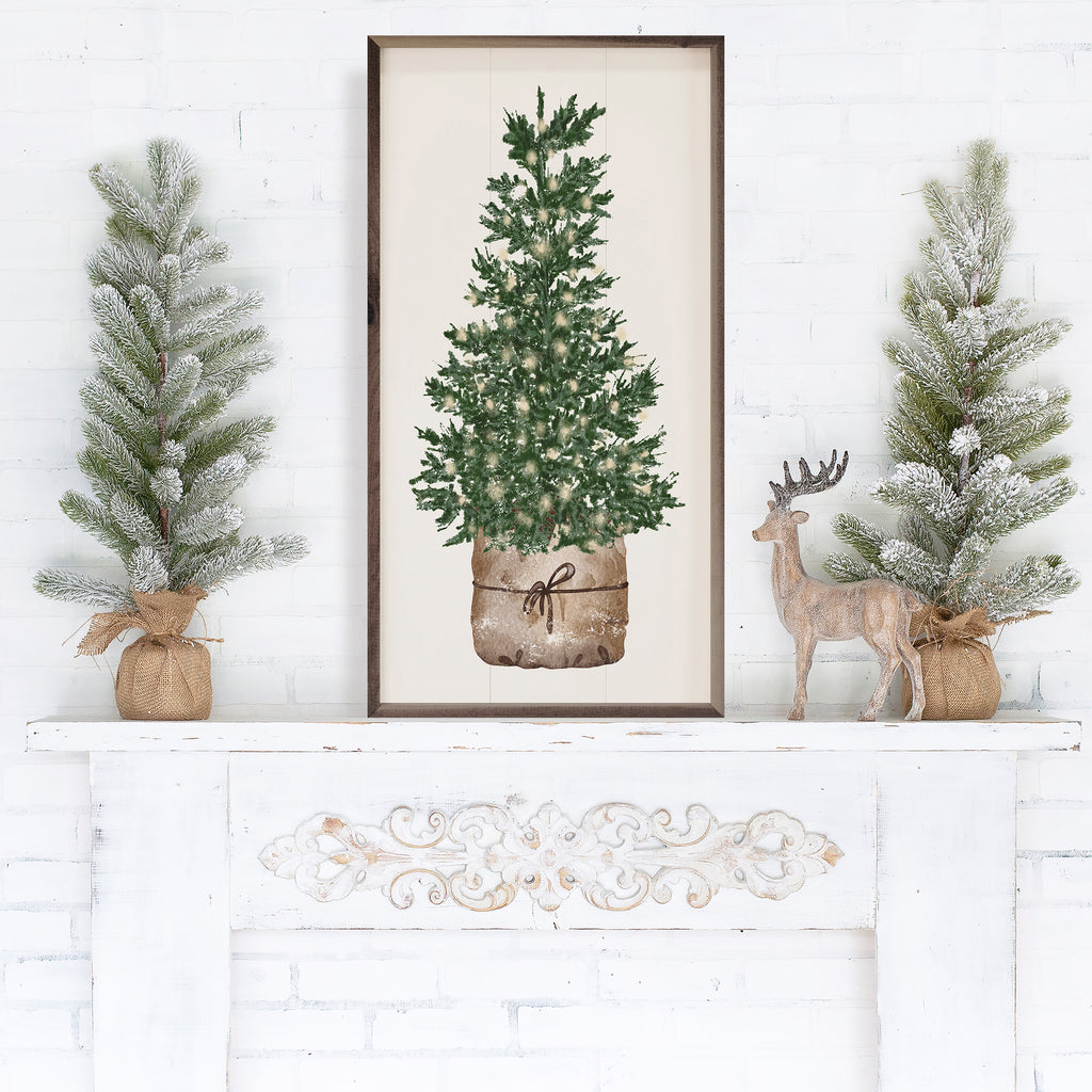 Watercolor Christmas Tree With Lights 12x24 / White