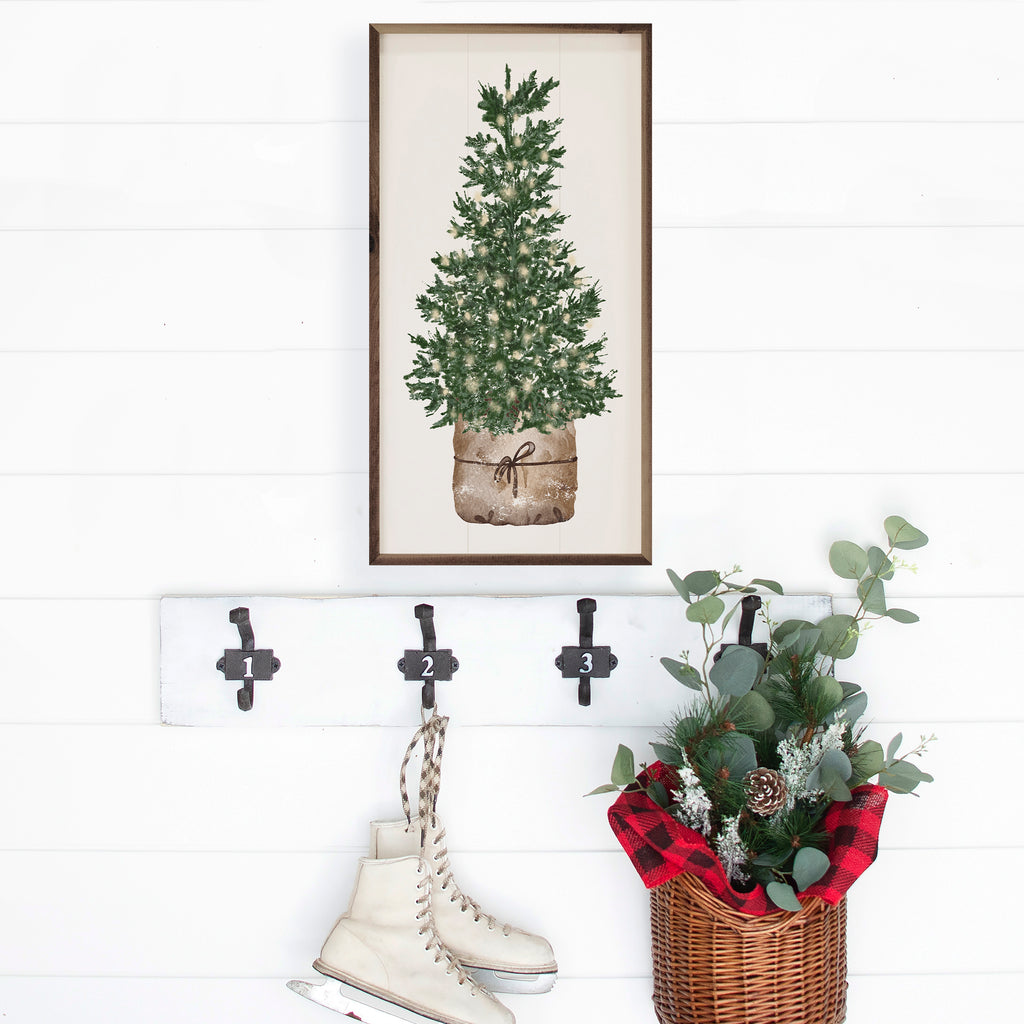 Watercolor Christmas Tree With Lights 12x24 / White