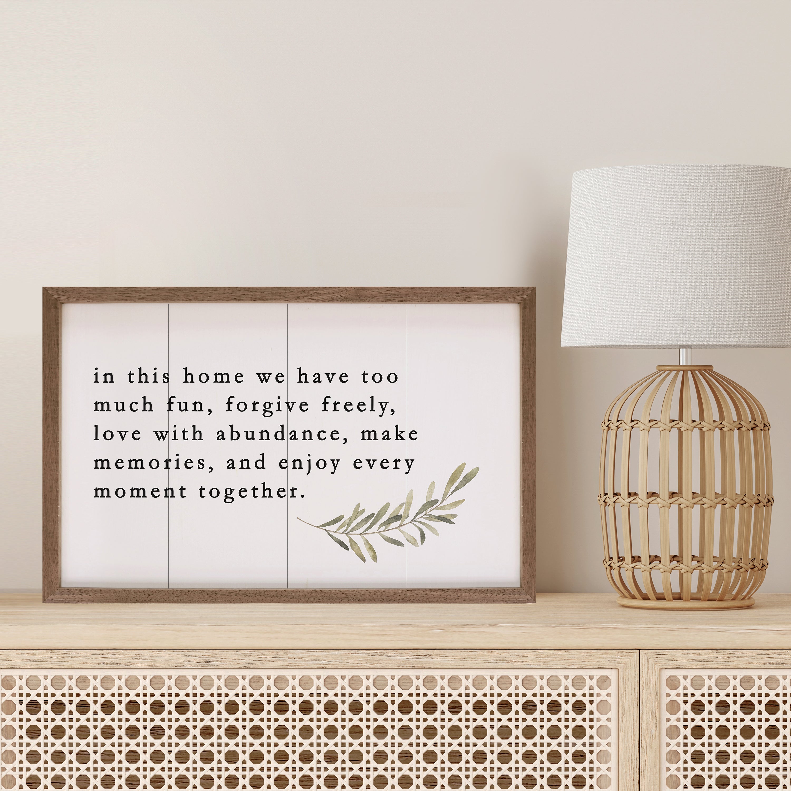 In This Home We Have Too Much Fun Greenery White 16x10 / White