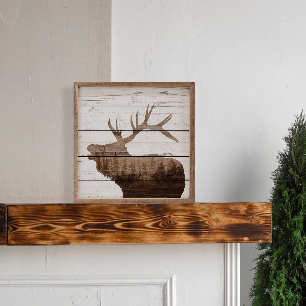 Elk Silhouette Forest Whitewash 16x16 / Whitewash