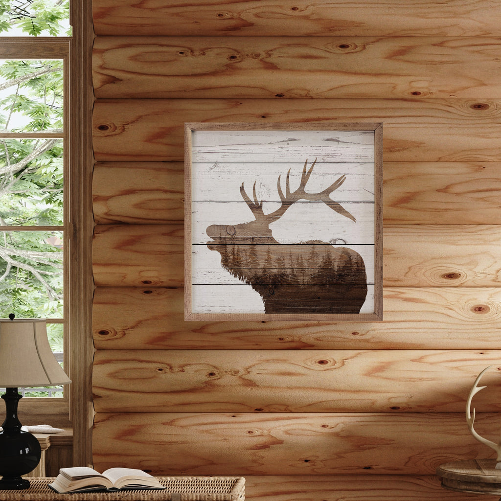 Elk Silhouette Forest Whitewash 16x16 / Whitewash