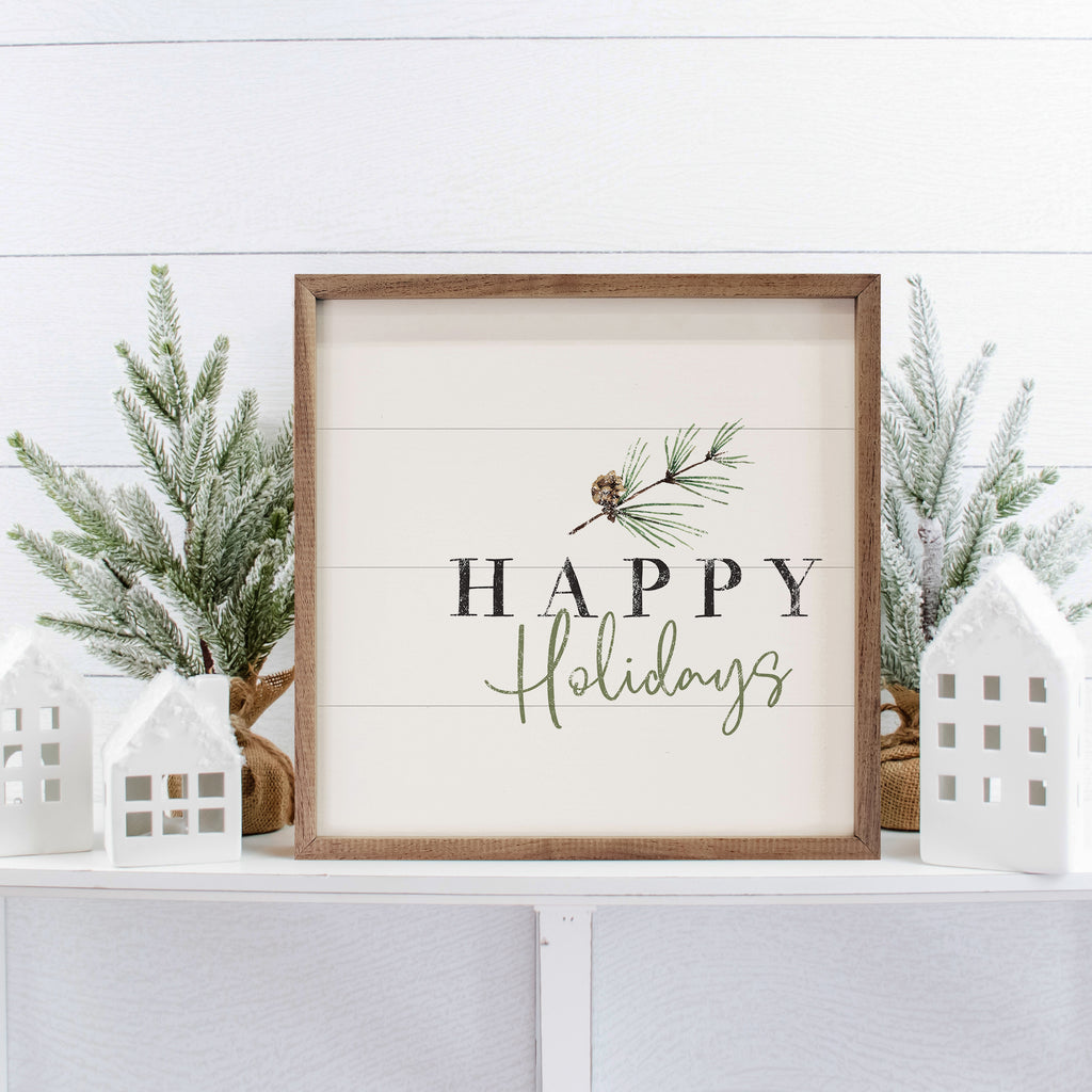 Happy Holidays Pine Branch White 16x16 / White