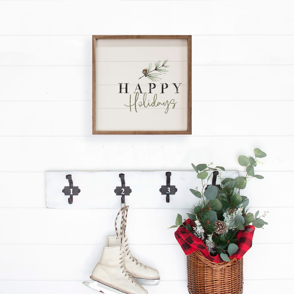 Happy Holidays Pine Branch White 16x16 / White