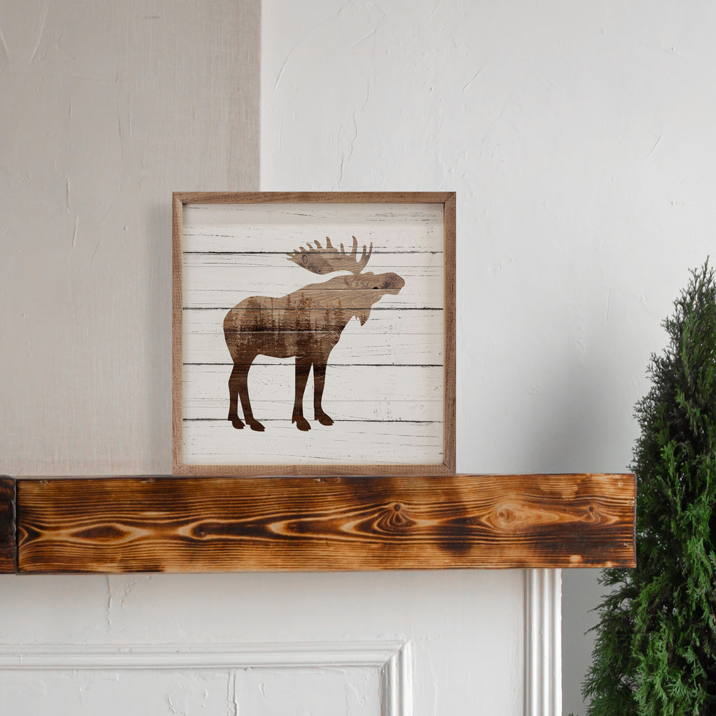 Moose Silhouette Forest Whitewash 16x16 / Whitewash