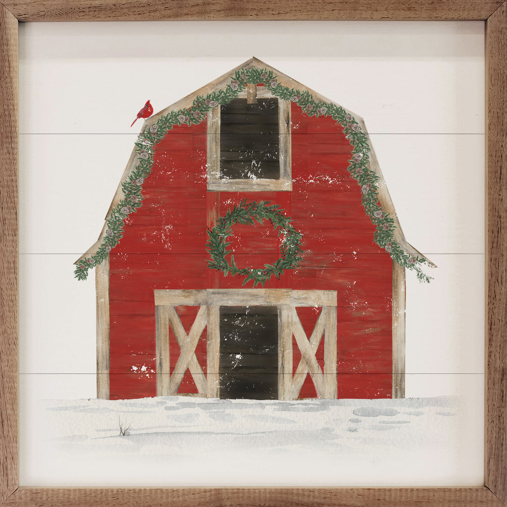 Red Barn With Wreath Cardinal 16x16 / White