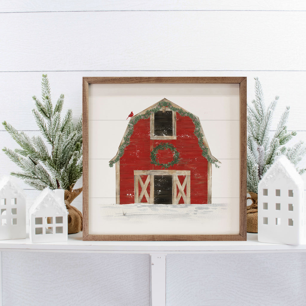 Red Barn With Wreath Cardinal 16x16 / White