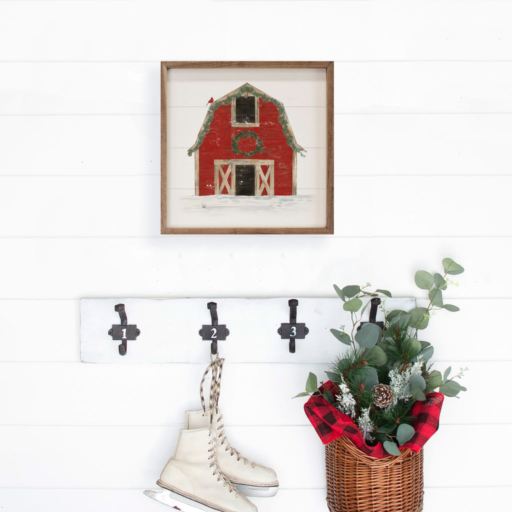 Red Barn With Wreath Cardinal 16x16 / White