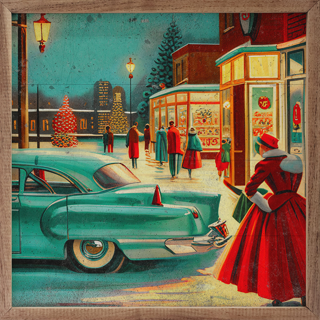 Retro Christmas City Green Car 16x16 / Multi-Color