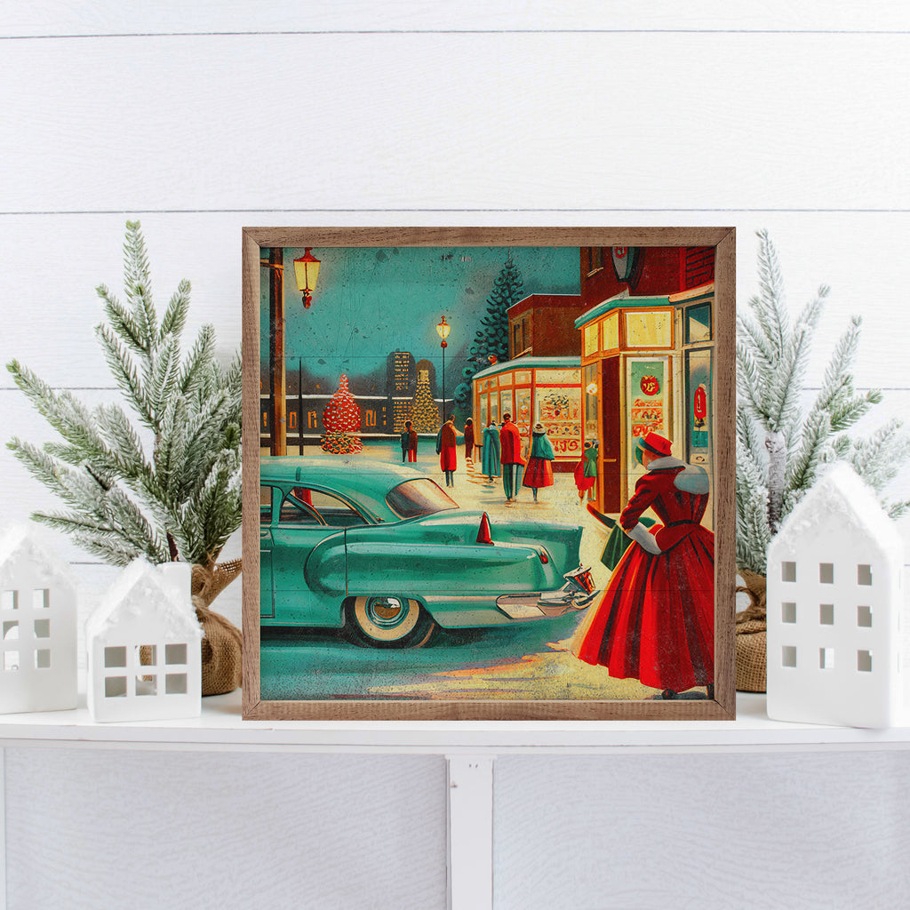 Retro Christmas City Green Car 16x16 / Multi-Color
