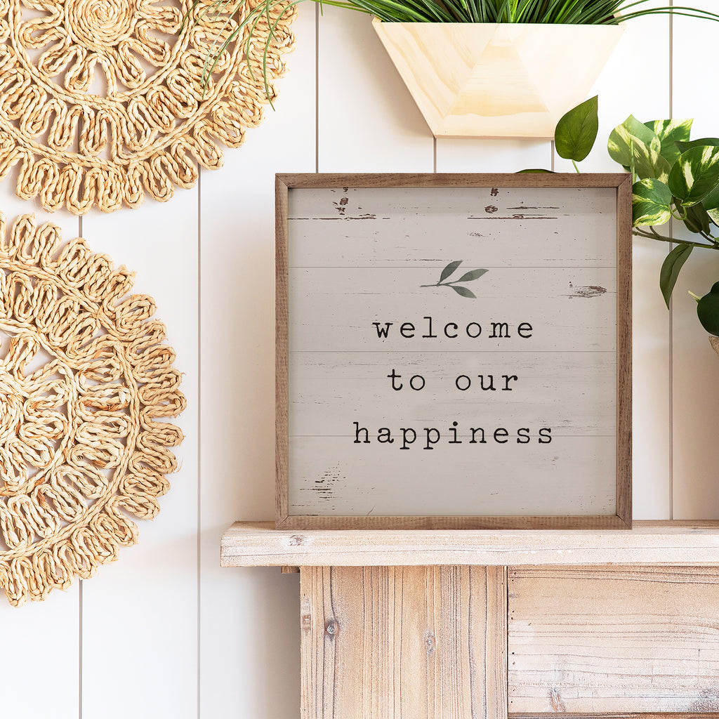 Welcome To Our Happiness Greenery Whitewash 16x16 / Whitewash