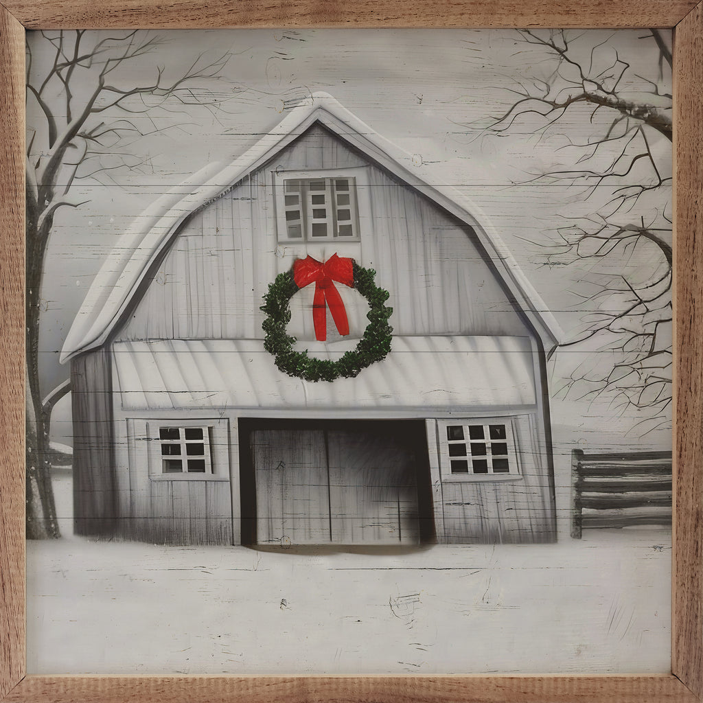 White Christmas Barn With Wreath 16x16 / Multi-Color