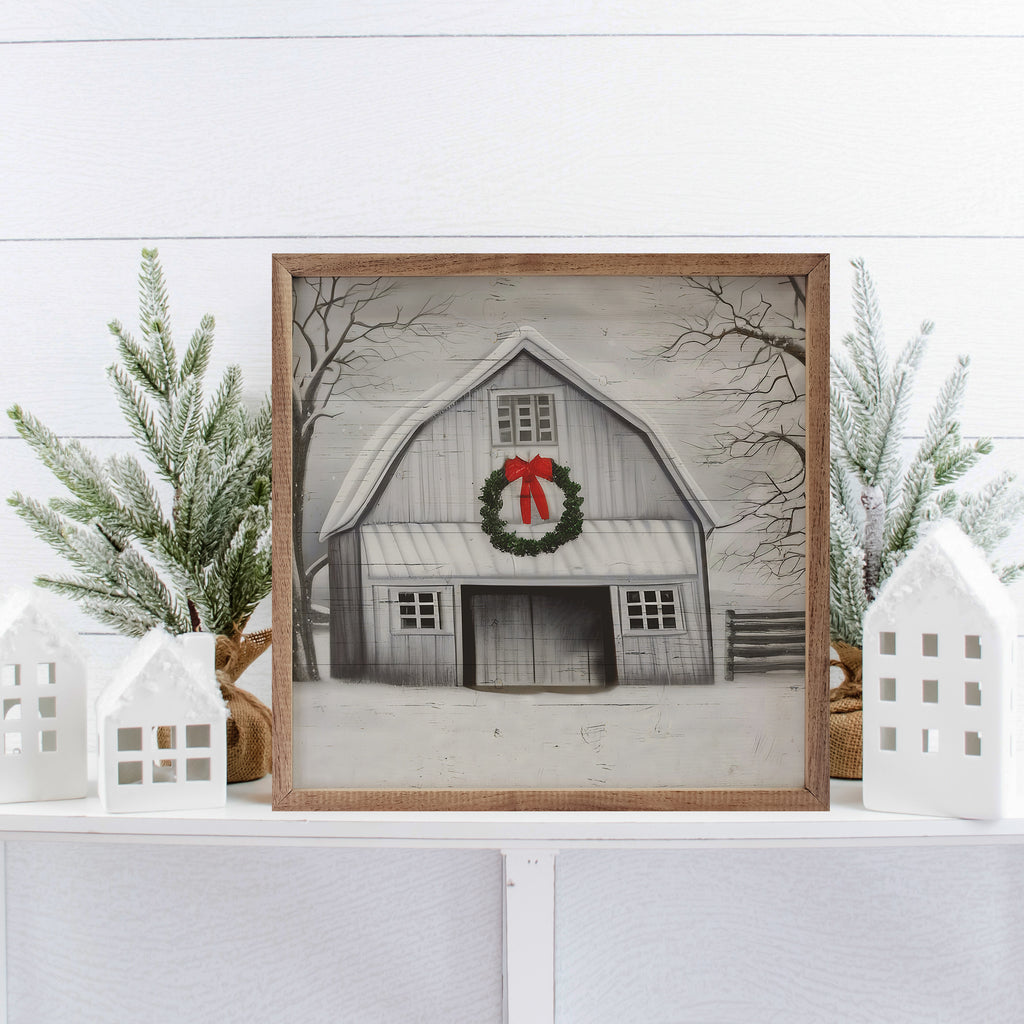 White Christmas Barn With Wreath 16x16 / Multi-Color