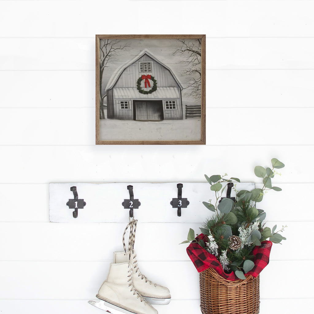 White Christmas Barn With Wreath 16x16 / Multi-Color