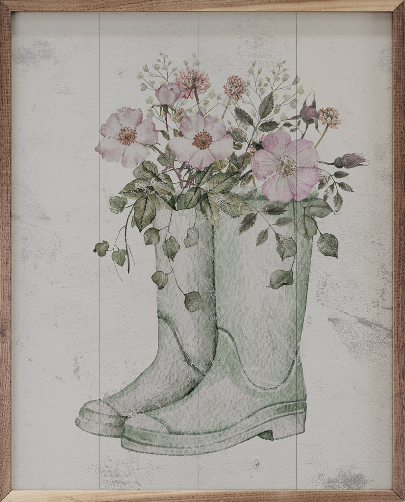 Boots With Flowers Green 16x20 / Whitewash