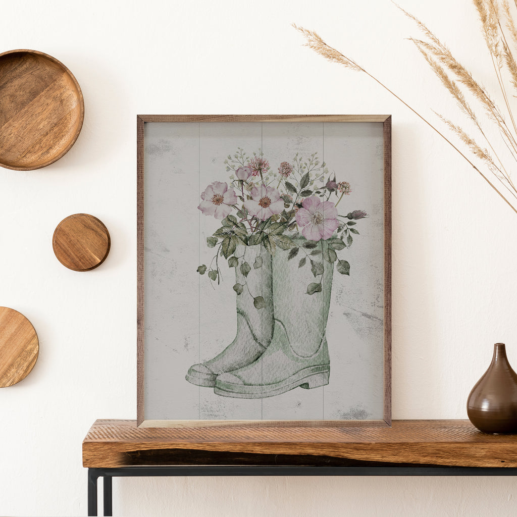 Boots With Flowers Green 16x20 / Whitewash