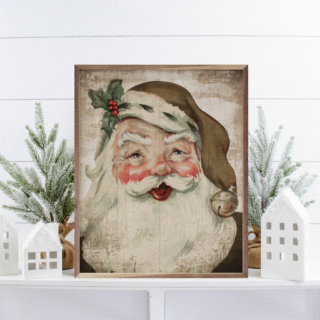 Santa With Bell And Holly Bronze Hat 16x20 / Whitewash