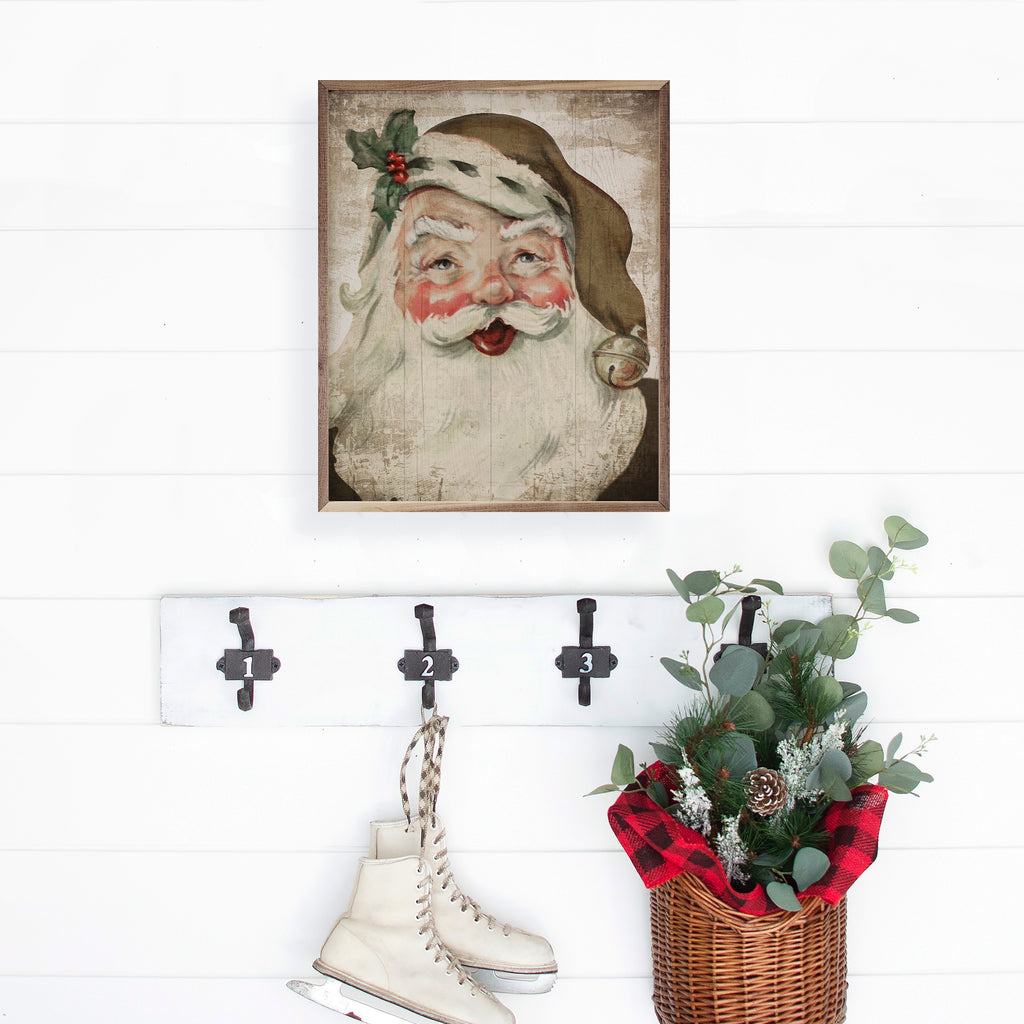 Santa With Bell And Holly Bronze Hat 16x20 / Whitewash