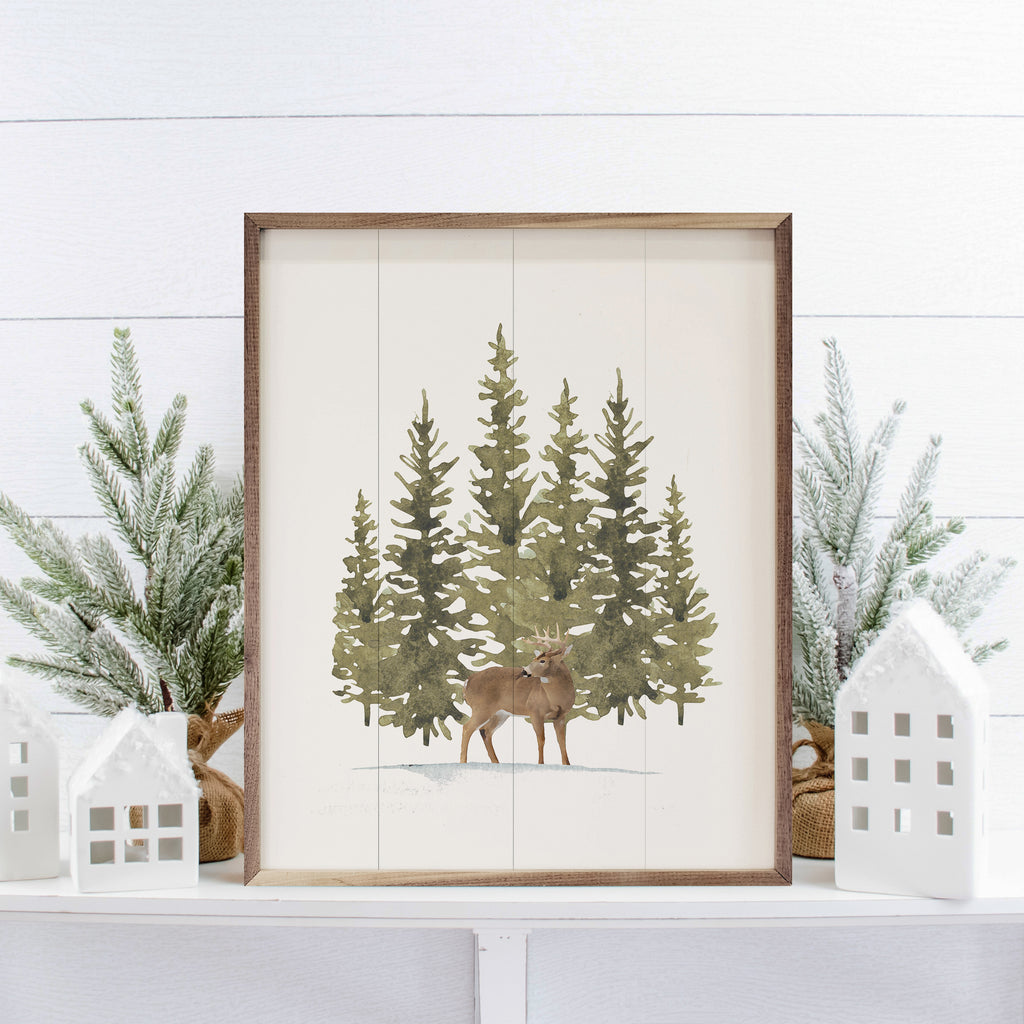 Watercolor Pines Deer 16x20 / White