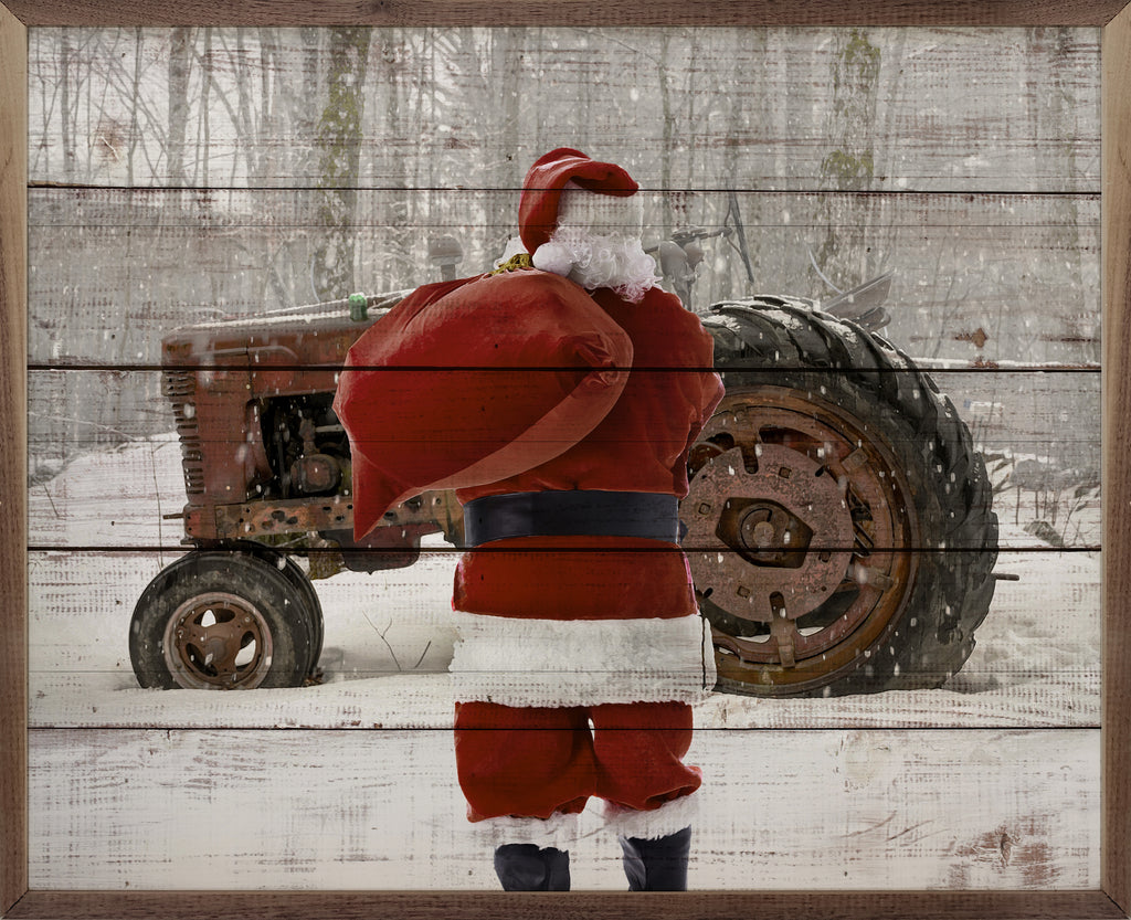 Santa With Tractor 20x16 / Whitewash