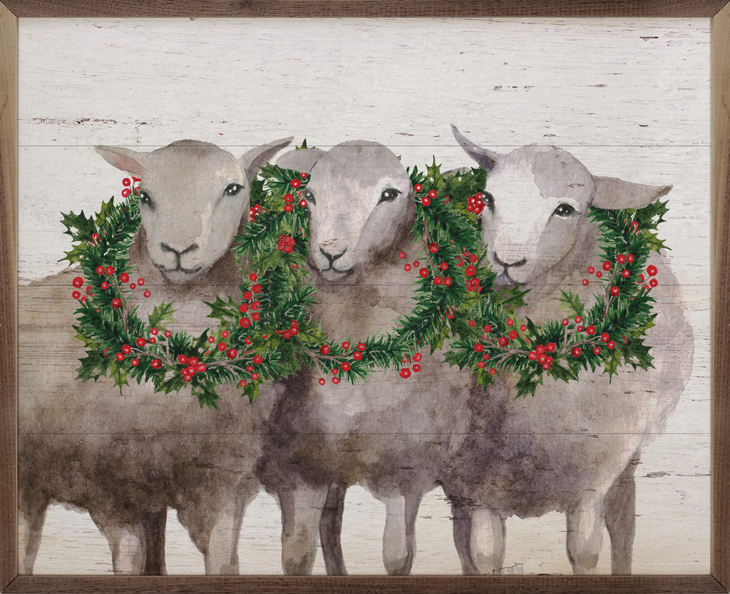 Sheep With Holiday Wreaths 20x16 / Whitewash