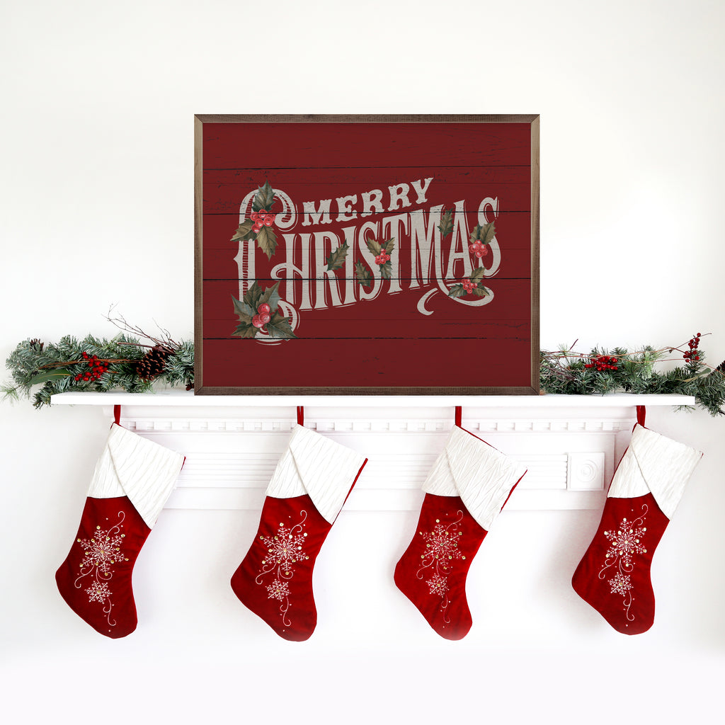 Vintage Merry Christmas Holly Red 20x16 / Red