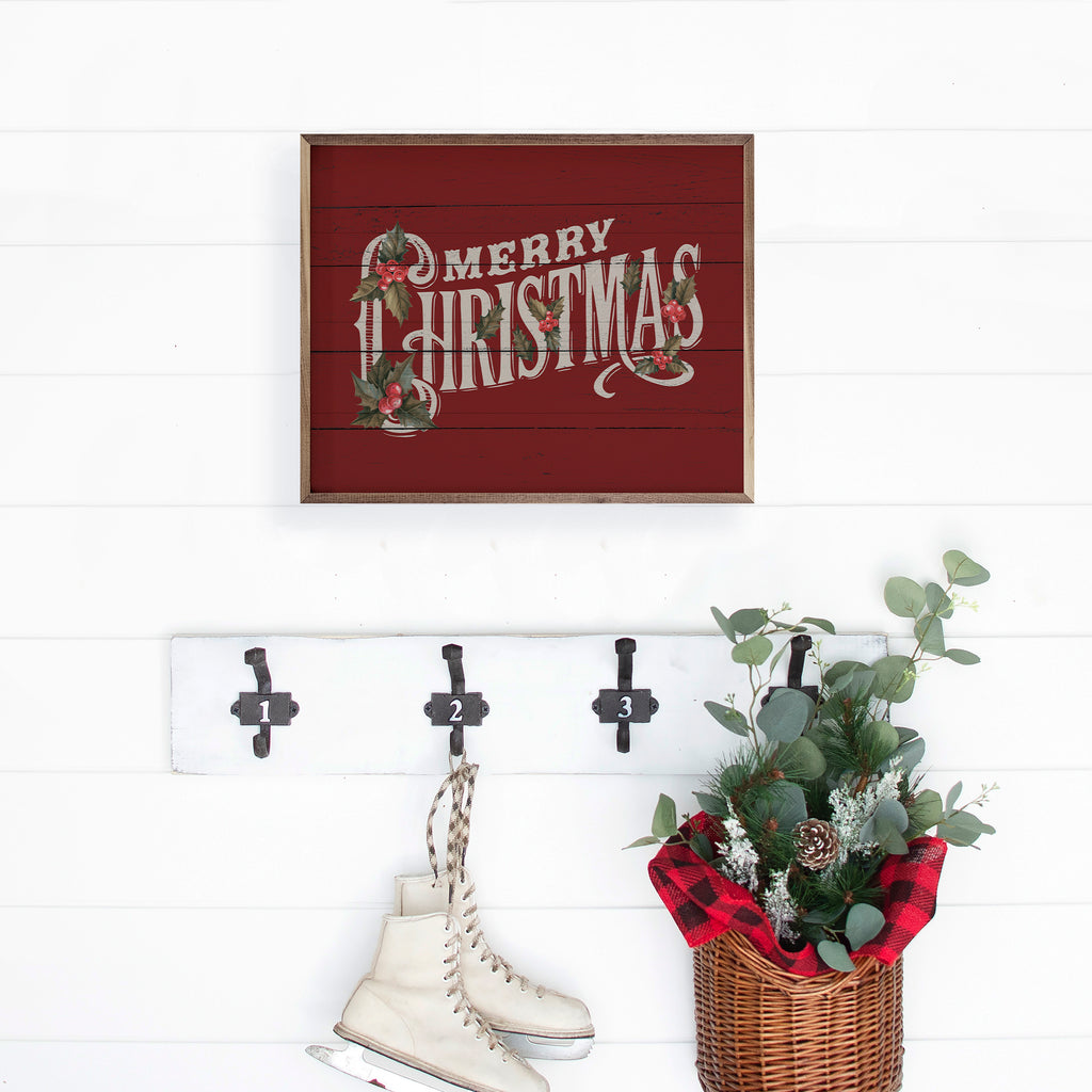 Vintage Merry Christmas Holly Red 20x16 / Red