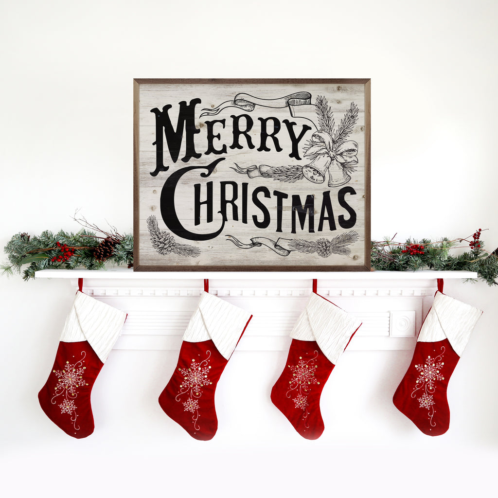 Vintage Merry Christmas Bells Whitewash 20x16 / Whitewash