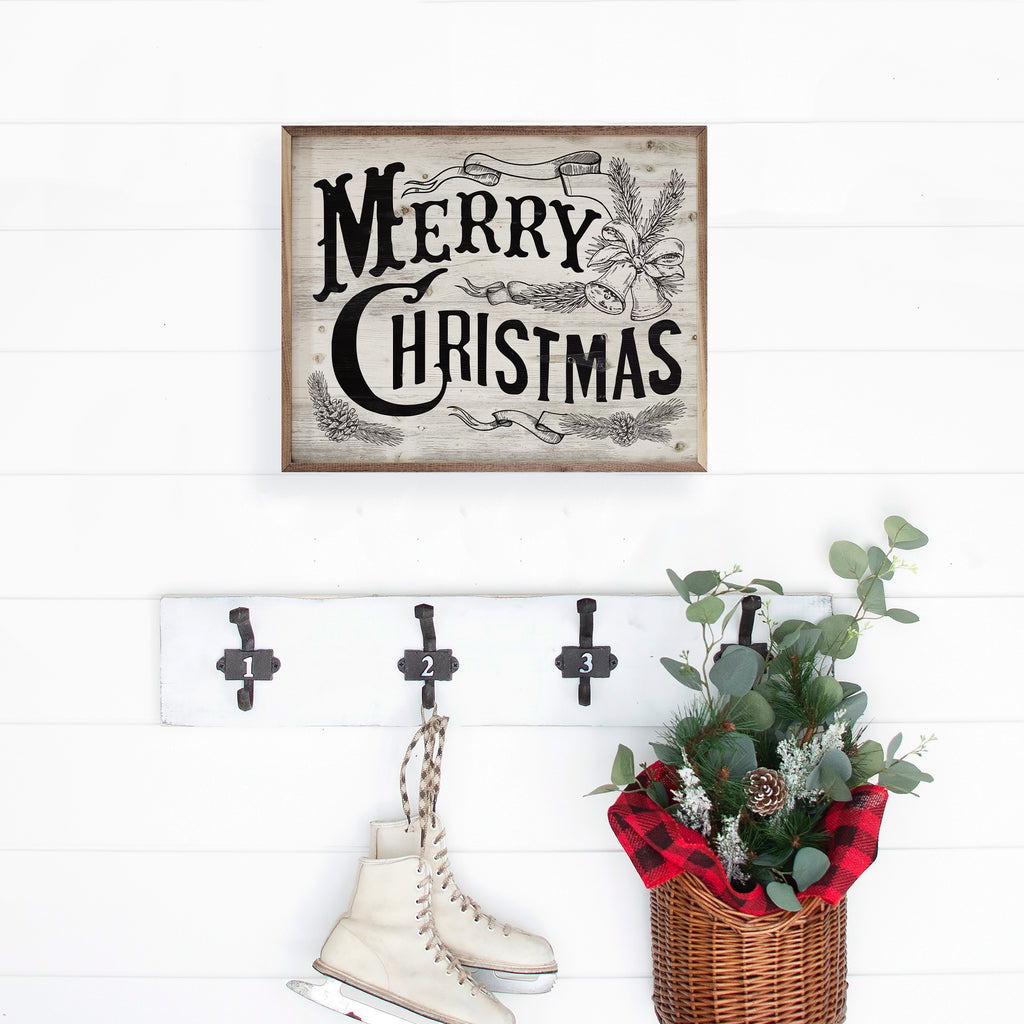 Vintage Merry Christmas Bells Whitewash 20x16 / Whitewash