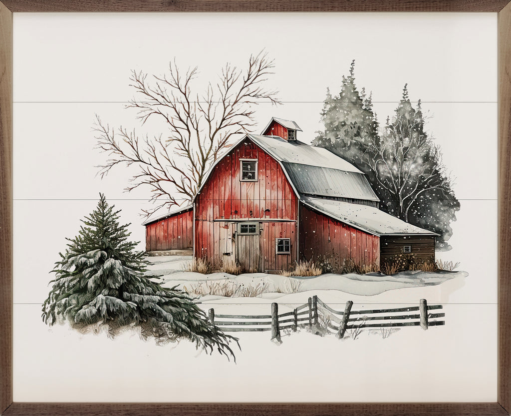 Winter Barn With Two Pines Behind 20x16 / White