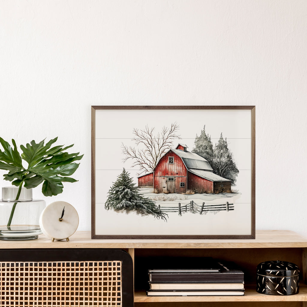 Winter Barn With Two Pines Behind 20x16 / White