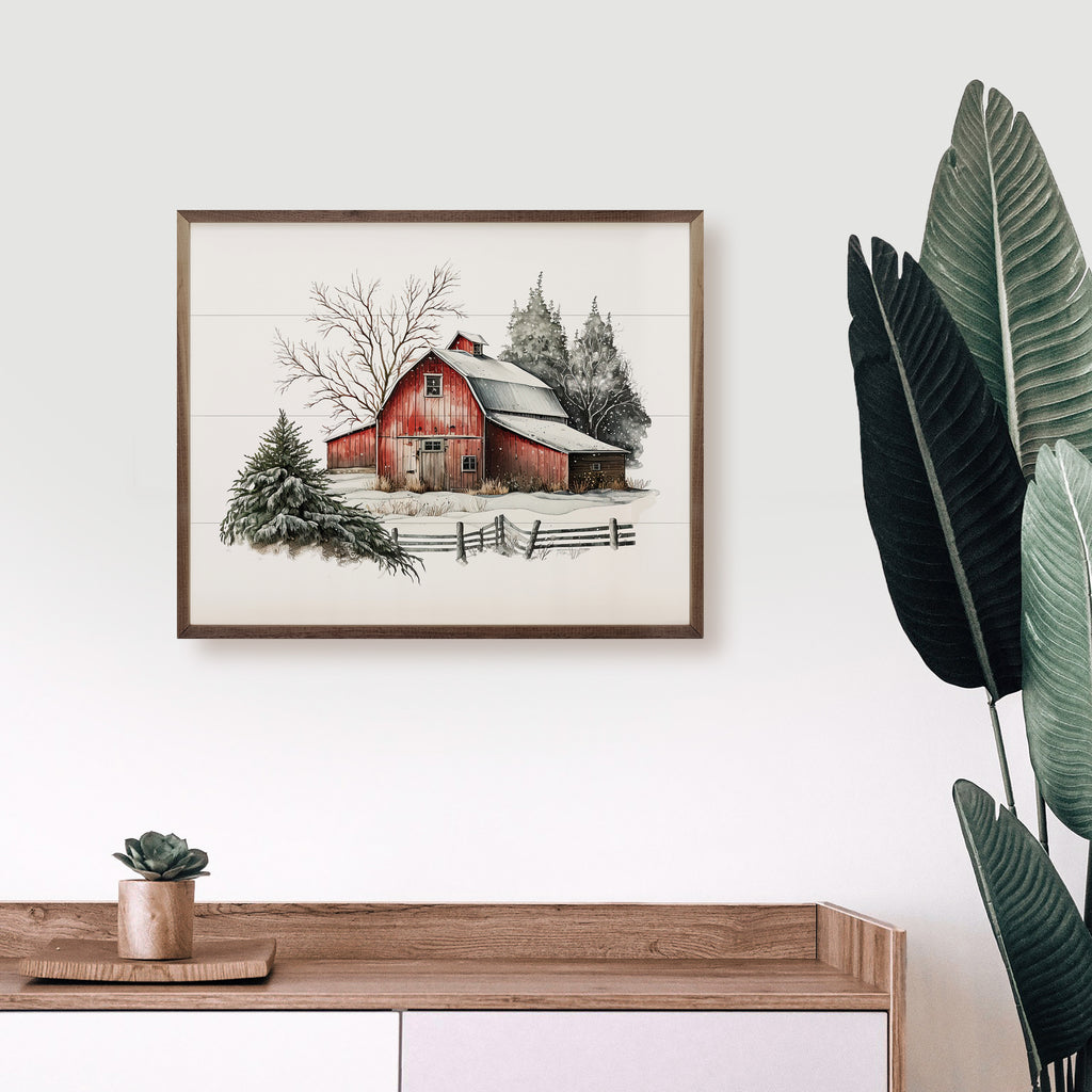 Winter Barn With Two Pines Behind 20x16 / White