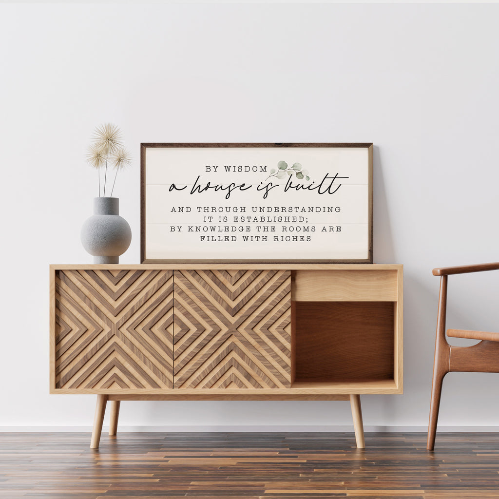 By Wisdom A house Is Built Greenery White 12x24 / White