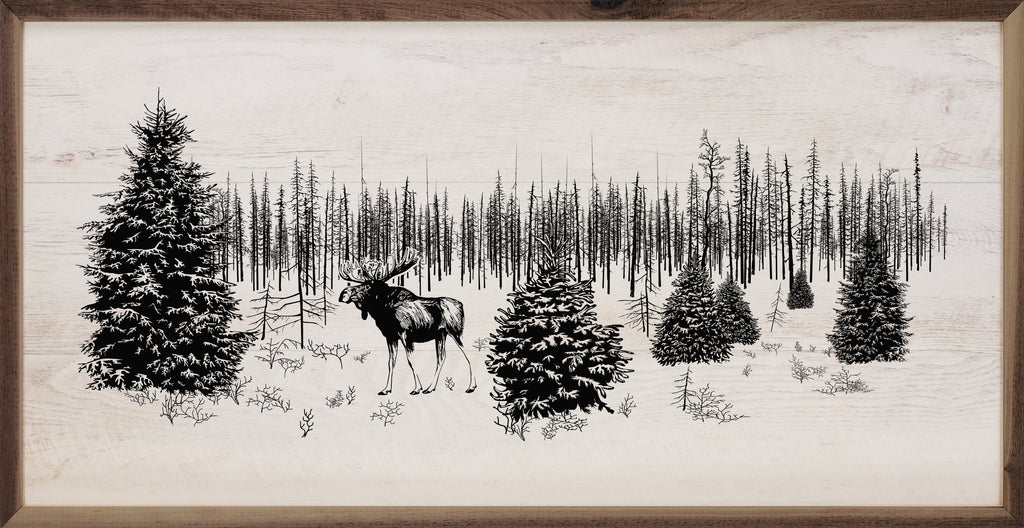 Moose In Pine Trees 24x12 / White