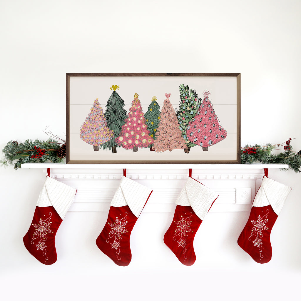 Pink And Green Christmas Trees 24x12 / White