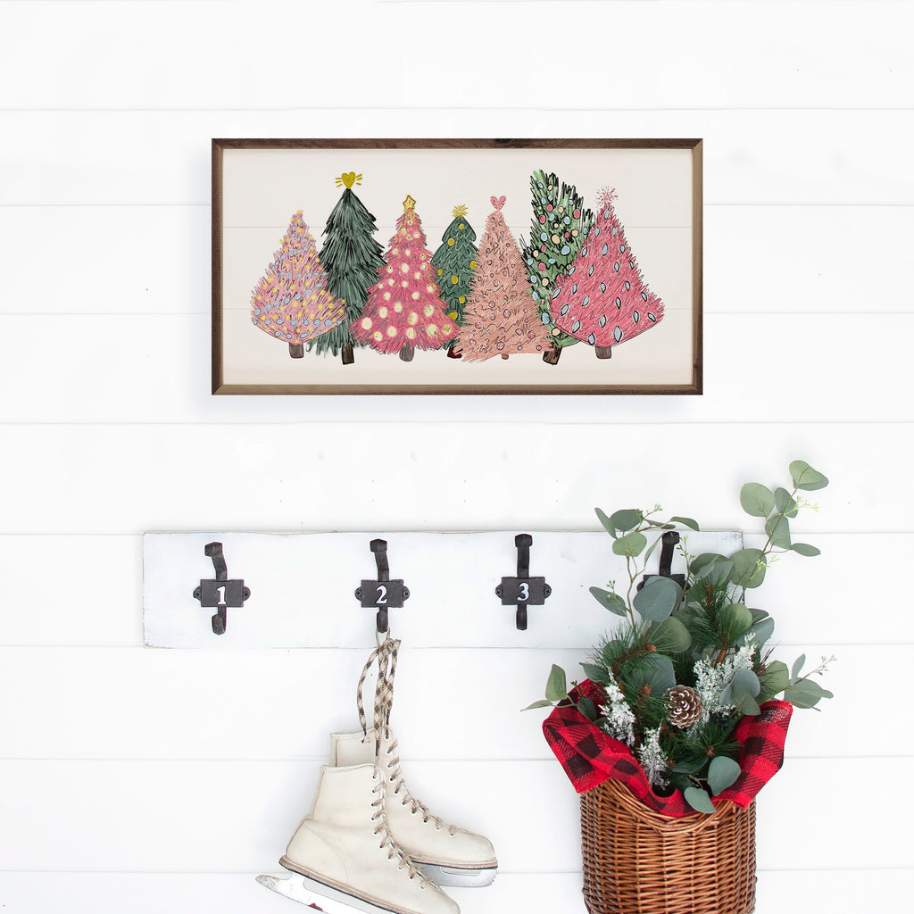 Pink And Green Christmas Trees 24x12 / White