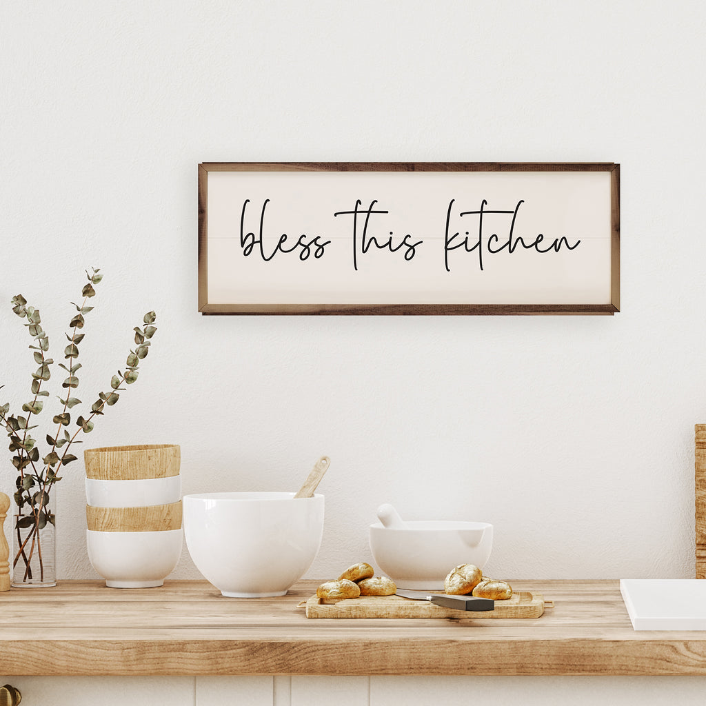 Bless This Kitchen Script White 24x8 / White