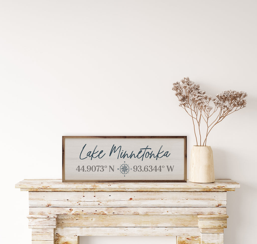 Personalized Lake Coordinates And Compass Whitewash 24x8 / Whitewash