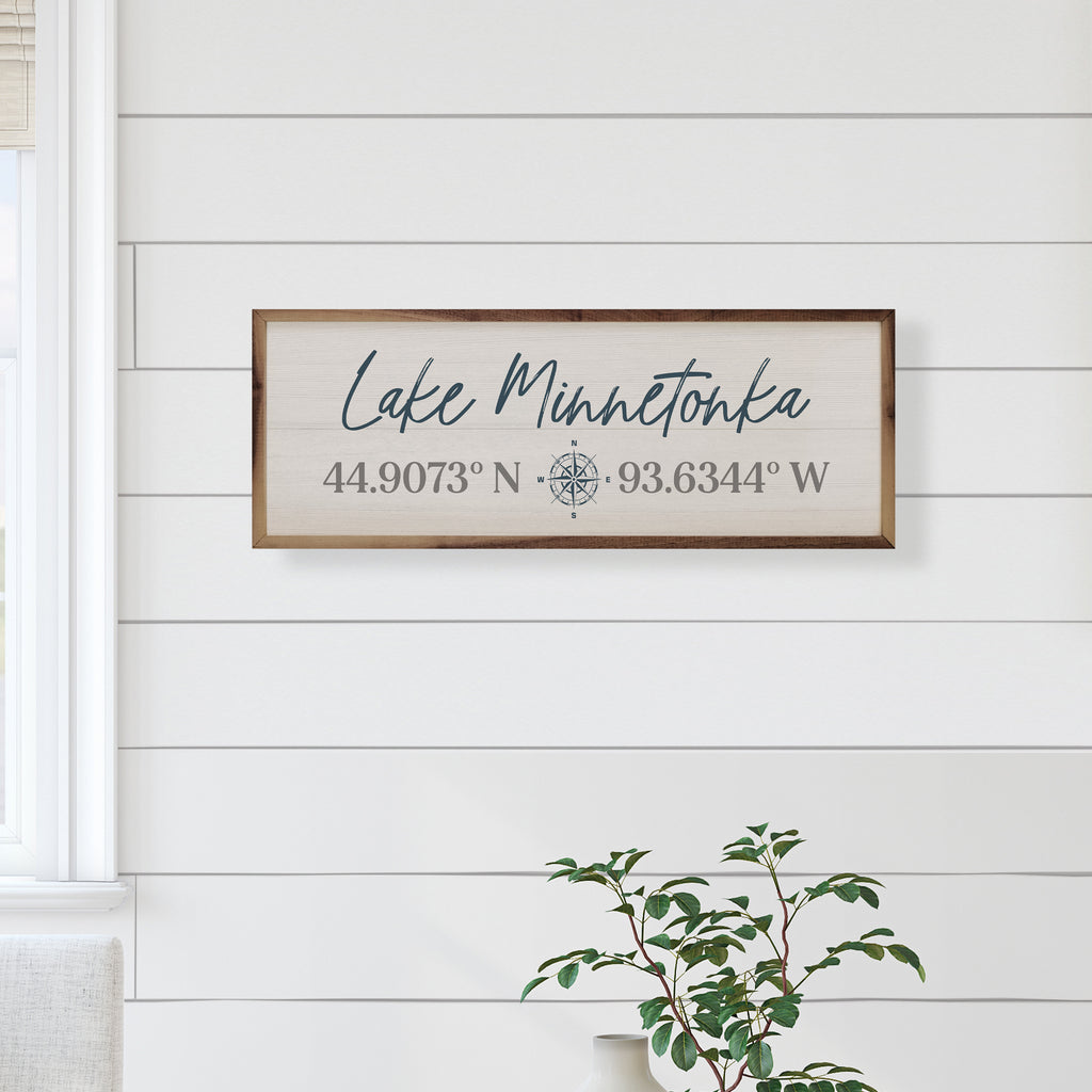 Personalized Lake Coordinates And Compass Whitewash 24x8 / Whitewash