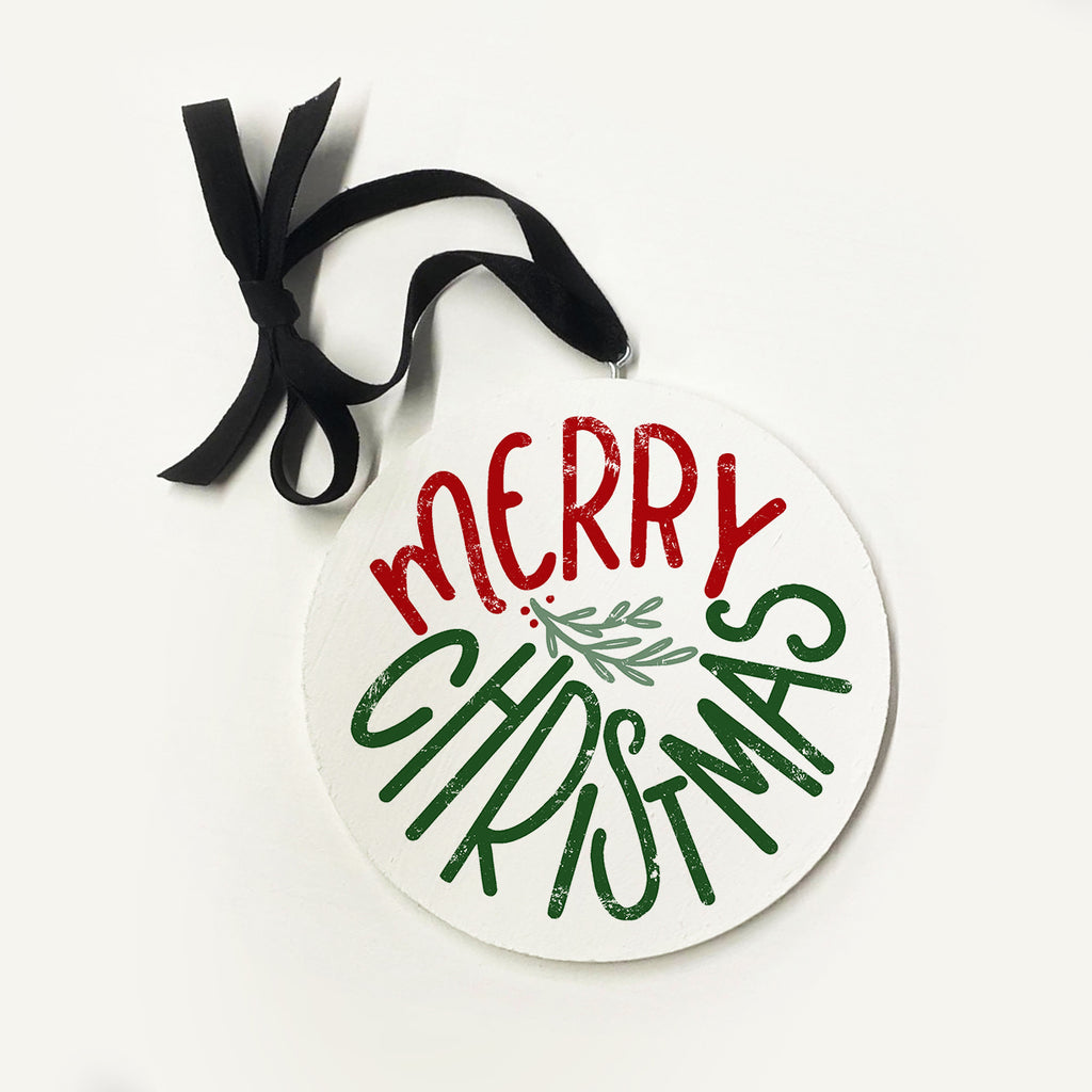 Merry Christmas Greenery Ornament 5x5 / White
