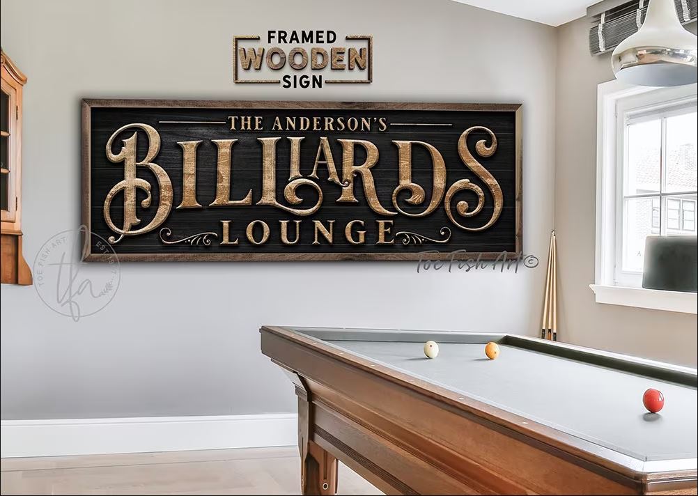 Billiards Lounge Personalized Framed Hardwood Shiplap Sign – Kendrick Home